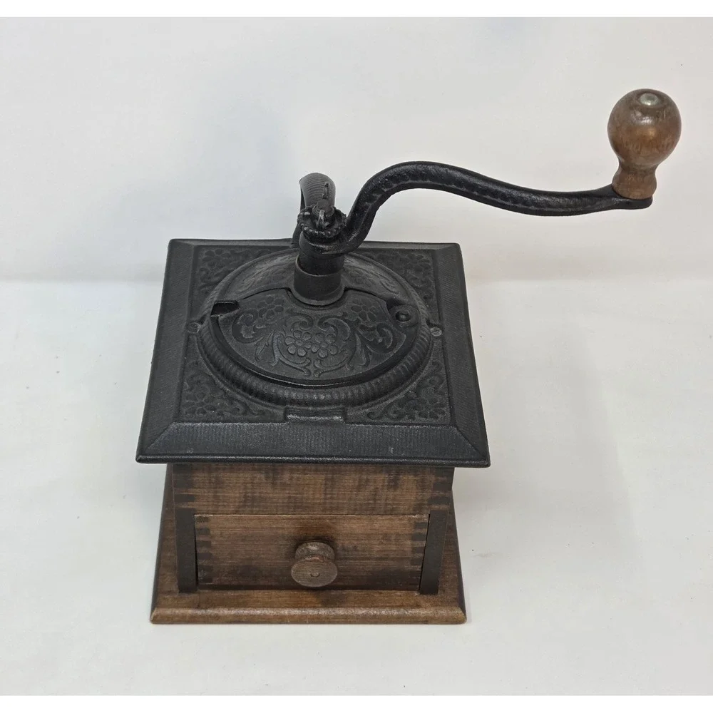 VINTAGE COFFEE GRINDER DOVETAIL WOOD WITH DRAWER & ORNATE CAST IRON TOP